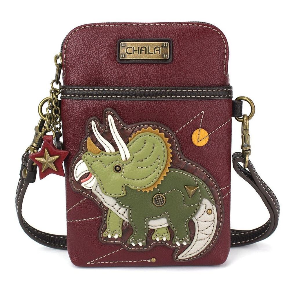 Chala Faux Leather Cellphone Crossbody Purse - Triceratops, Maroon NWT